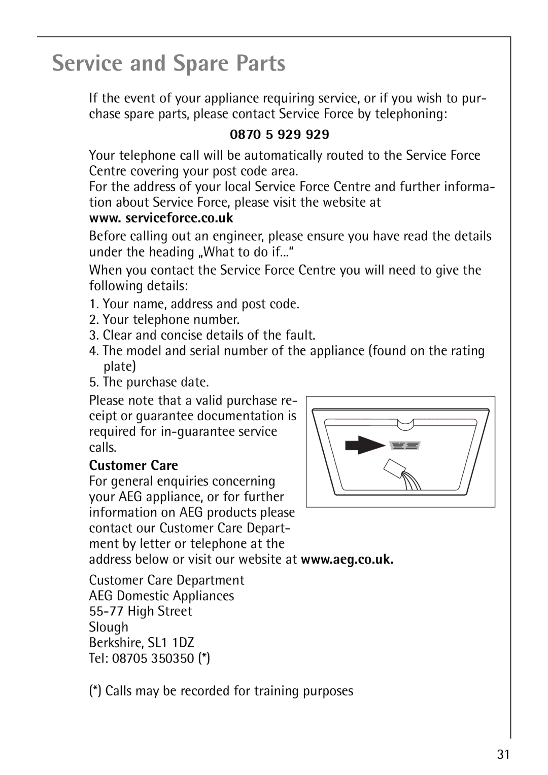 Electrolux 68001KF-N operating instructions 0870 5 929, Customer Care 