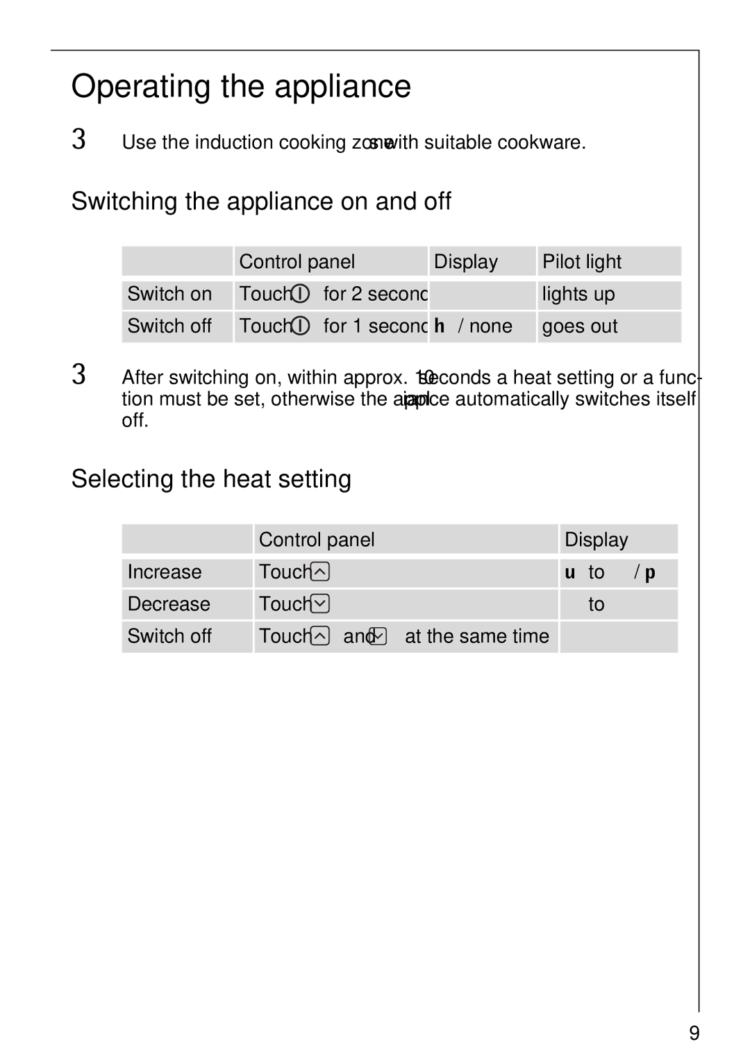 Electrolux 68001KF-N Operating the appliance, Switching the appliance on and off, Selecting the heat setting 