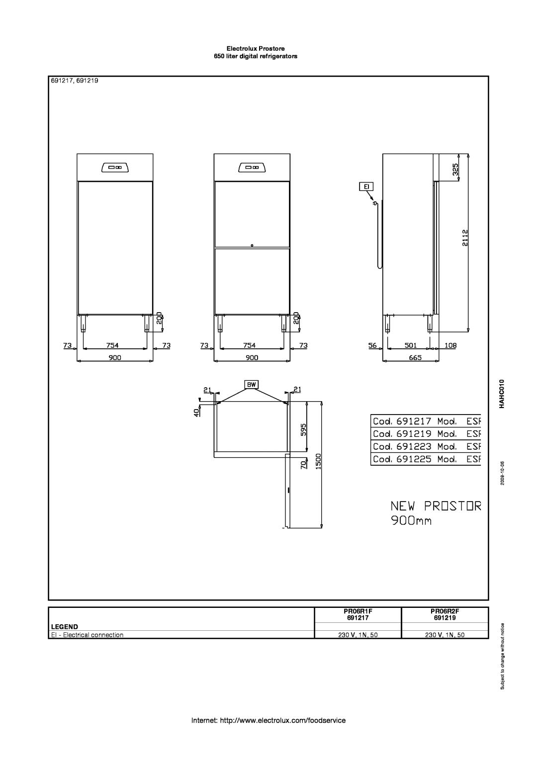 Electrolux 691219 manual 691217, Electrolux Prostore 650 liter digital refrigerators, HAHC010, PR06R1F, PR06R2F, 2009-10-06 