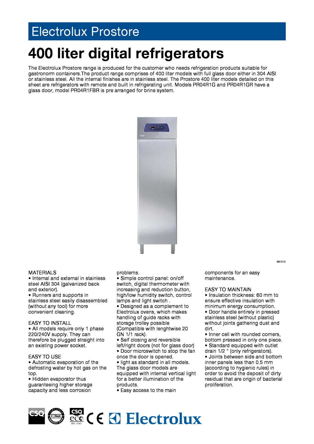 Electrolux 691215, 691213, 691123, 691212, 691214, 691216, PR04R1G manual liter digital refrigerators, Electrolux Prostore 