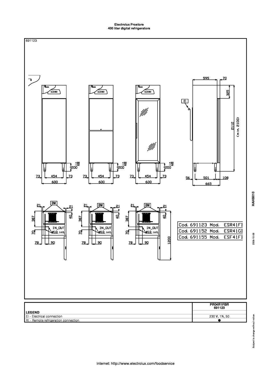 Electrolux 691216, 691213 manual Electrolux Prostore 400 liter digital refrigerators, HAHB010, PR04R1FBR, 691123, 2009-10-06 