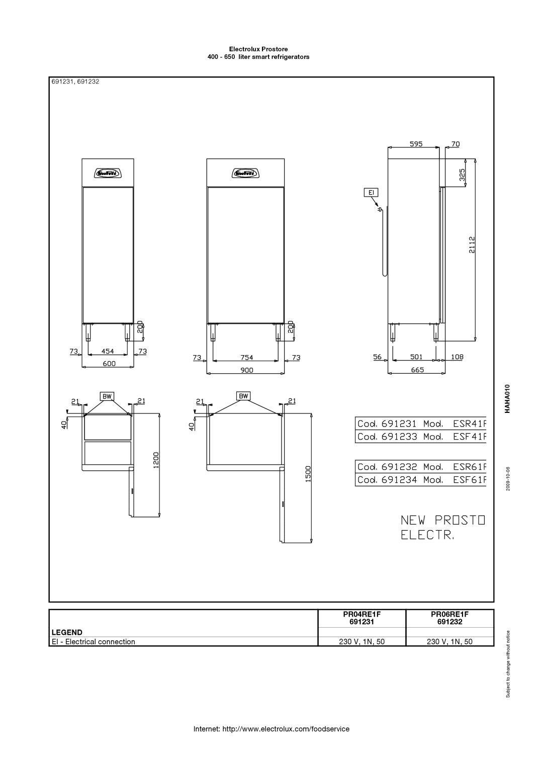 Electrolux 691232, PR06RE1F, PR04RE1F manual EI Electrical connection 230 V, 1N 