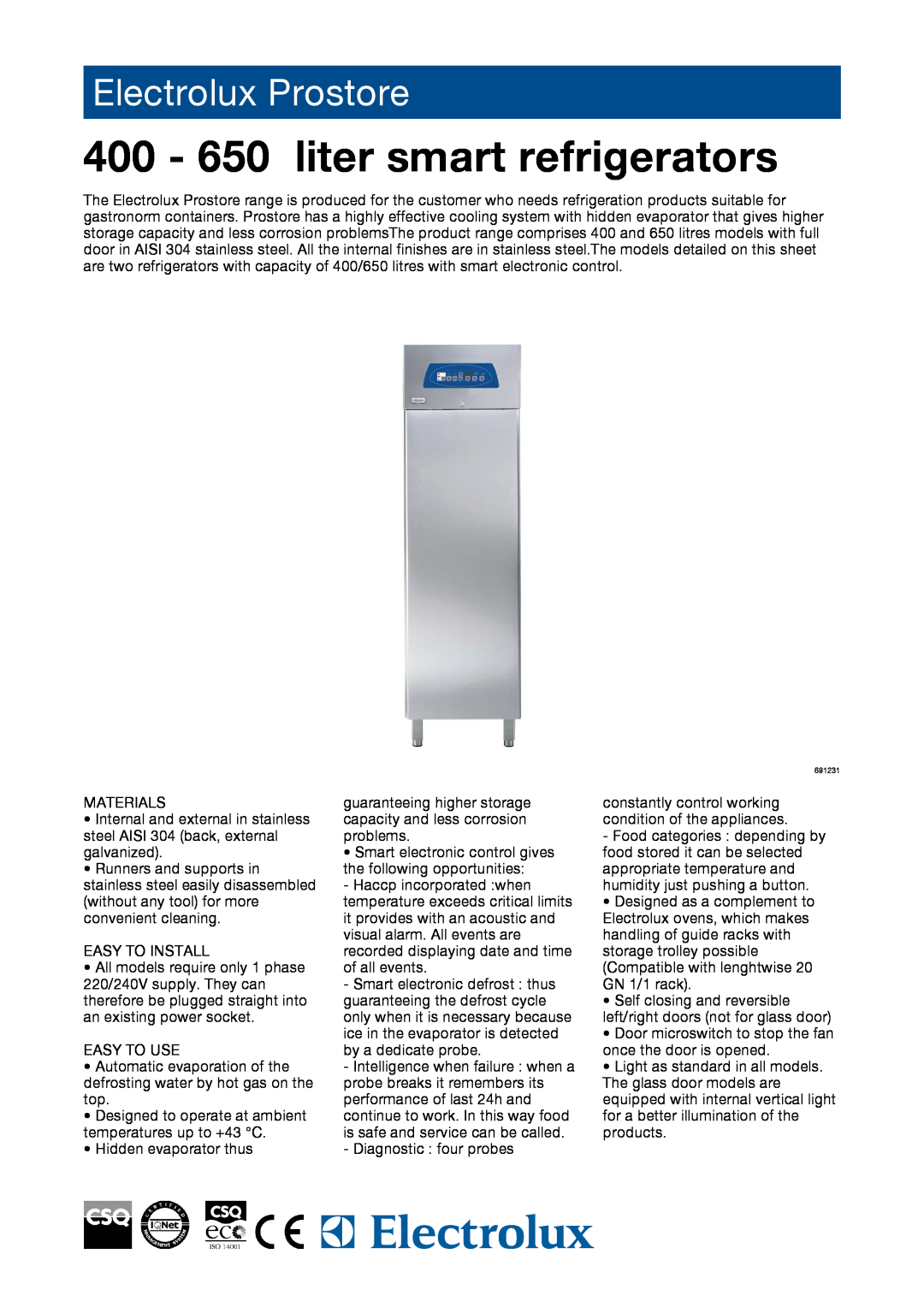 Electrolux PR06RE1F, 691232, PR04RE1F manual 400 - 650 liter smart refrigerators, Electrolux Prostore 