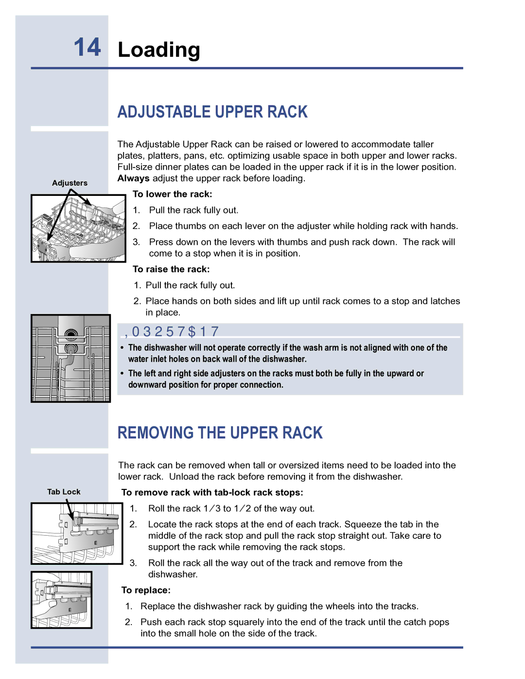 Electrolux 6919941 manual Adjustable Upper Rack, Removing the Upper Rack, To lower the rack, To raise the rack, To replace 