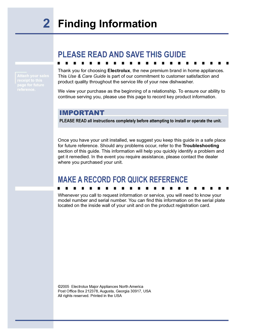 Electrolux 6919941 manual Finding Information, Please Read and Save this Guide, Make a Record for Quick Reference 