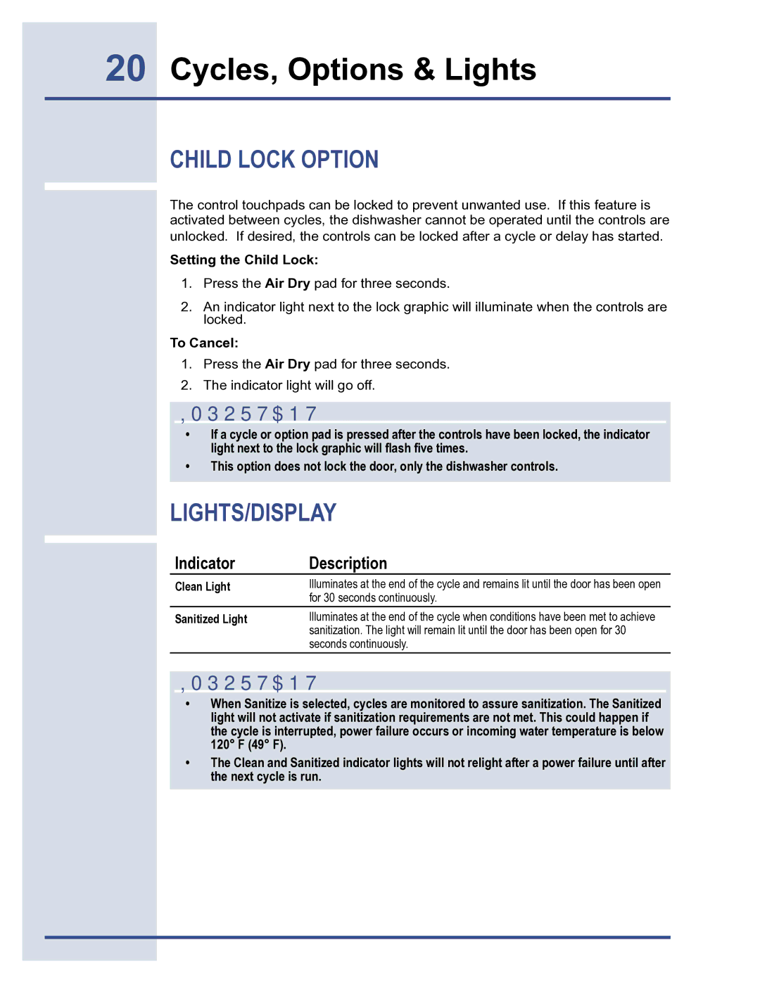 Electrolux 6919941 manual Child Lock Option, Lights/Display, Indicator Description, Setting the Child Lock, To Cancel 