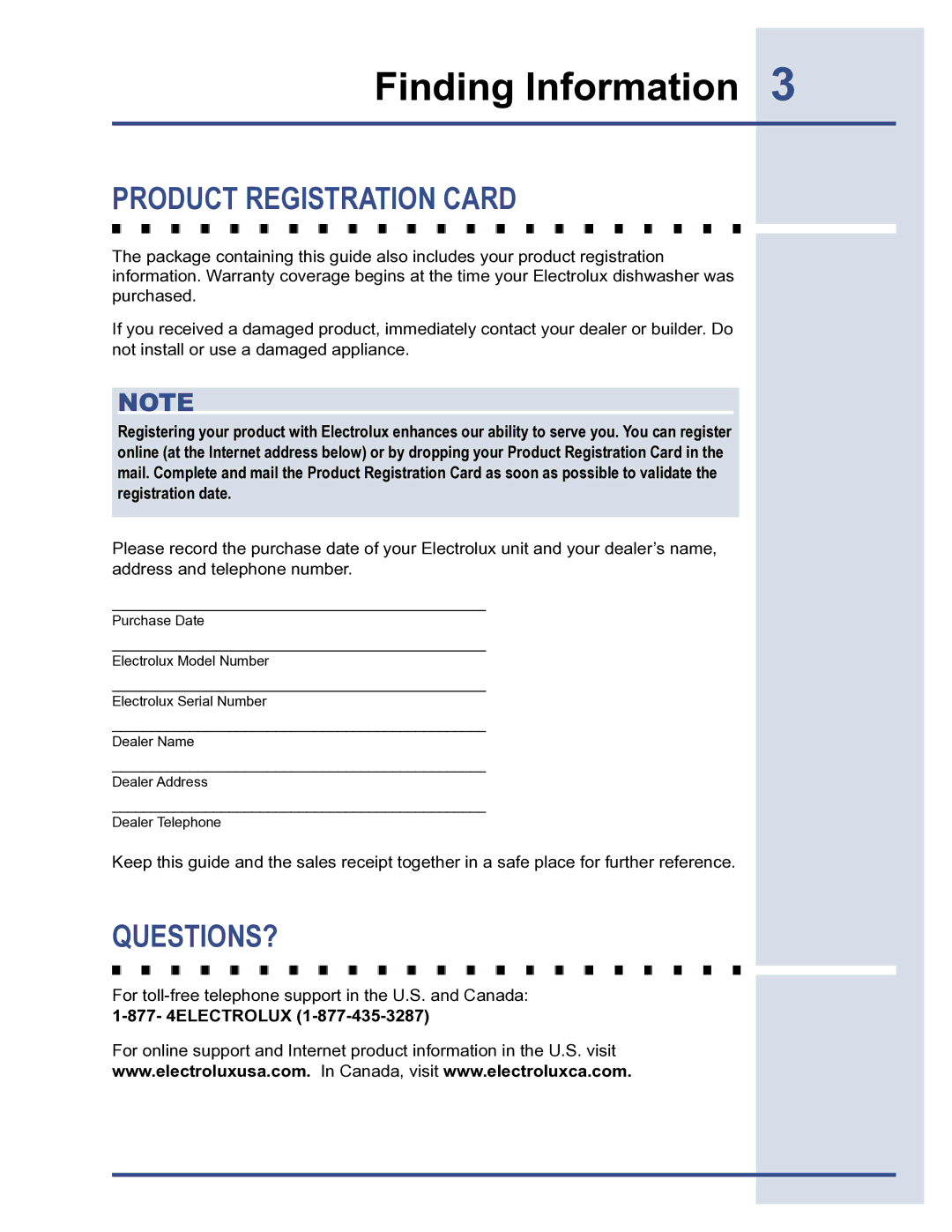 Electrolux 6919941 manual Product Registration Card, Questions?, 877- 4ELECTROLUX 