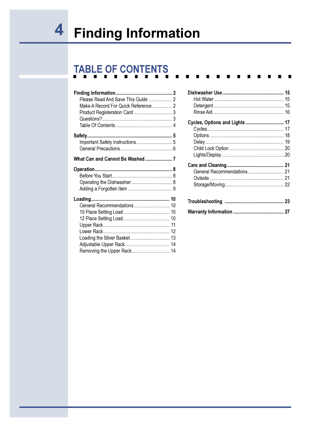 Electrolux 6919941 manual Table of Contents 