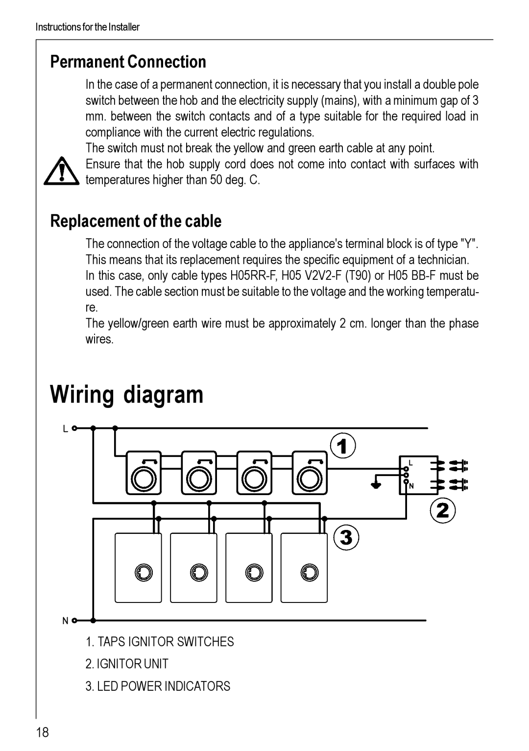 Electrolux 69802 G manual Wiring diagram, Permanent Connection, Replacement of the cable 