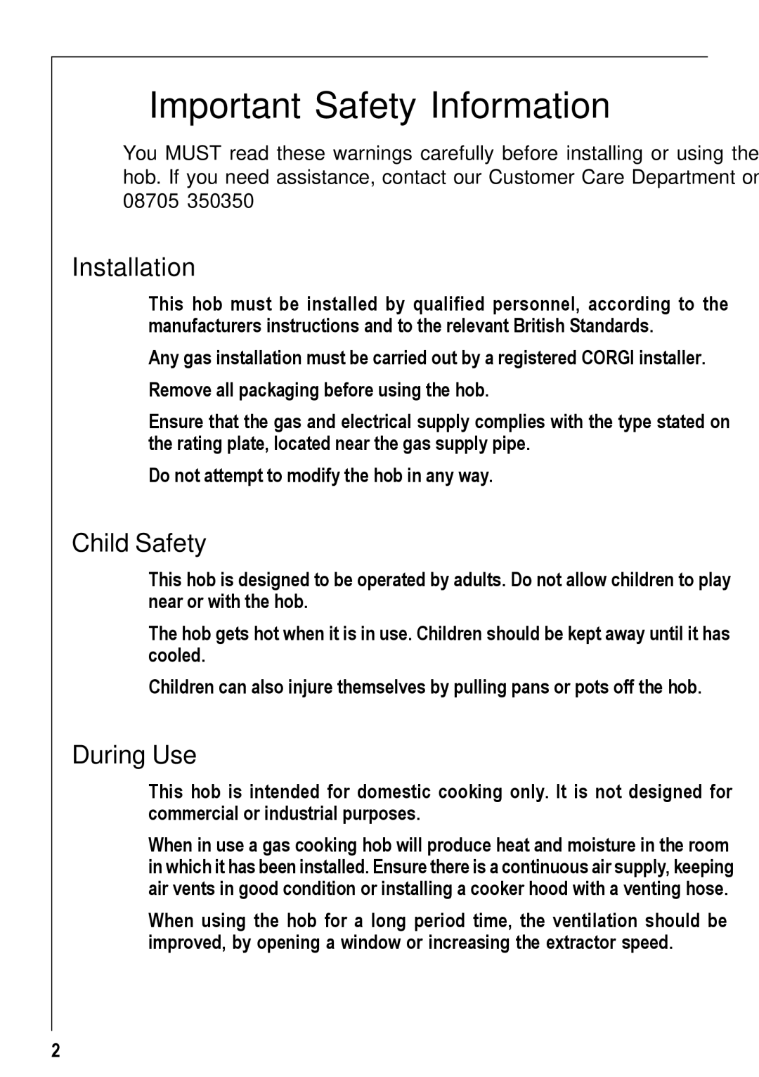 Electrolux 69802 G manual Important Safety Information, Installation, Child Safety, During Use 