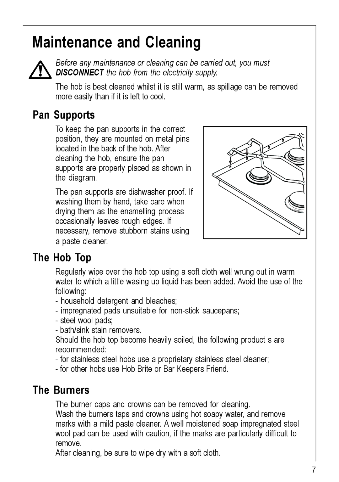 Electrolux 69802 G manual Maintenance and Cleaning, Pan Supports, Hob Top, Burners 