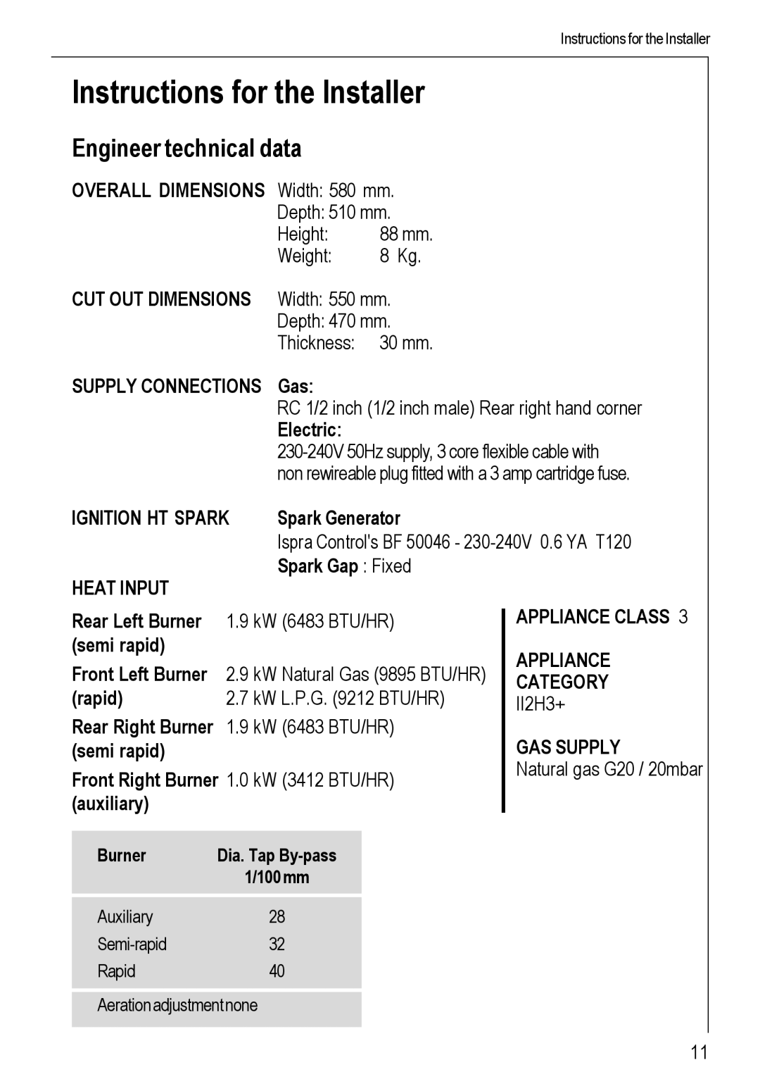 Electrolux 69802 G manual Instructions for the Installer, Engineer technical data 