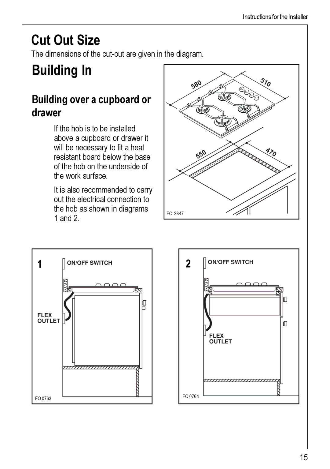 Electrolux 69802 G manual Cut Out Size, Building over a cupboard or drawer 