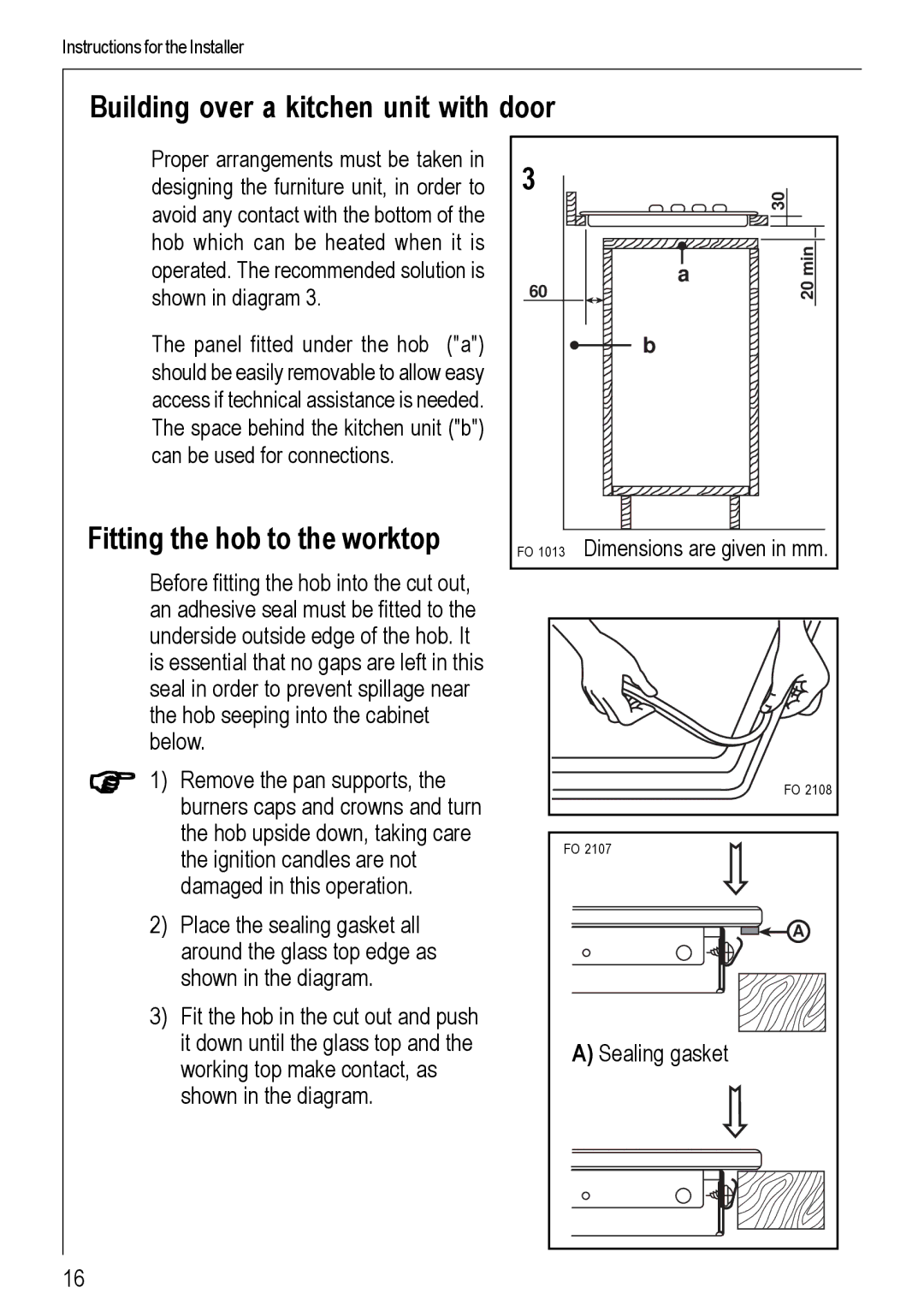 Electrolux 69802 G manual Building over a kitchen unit with door, Fitting the hob to the worktop 