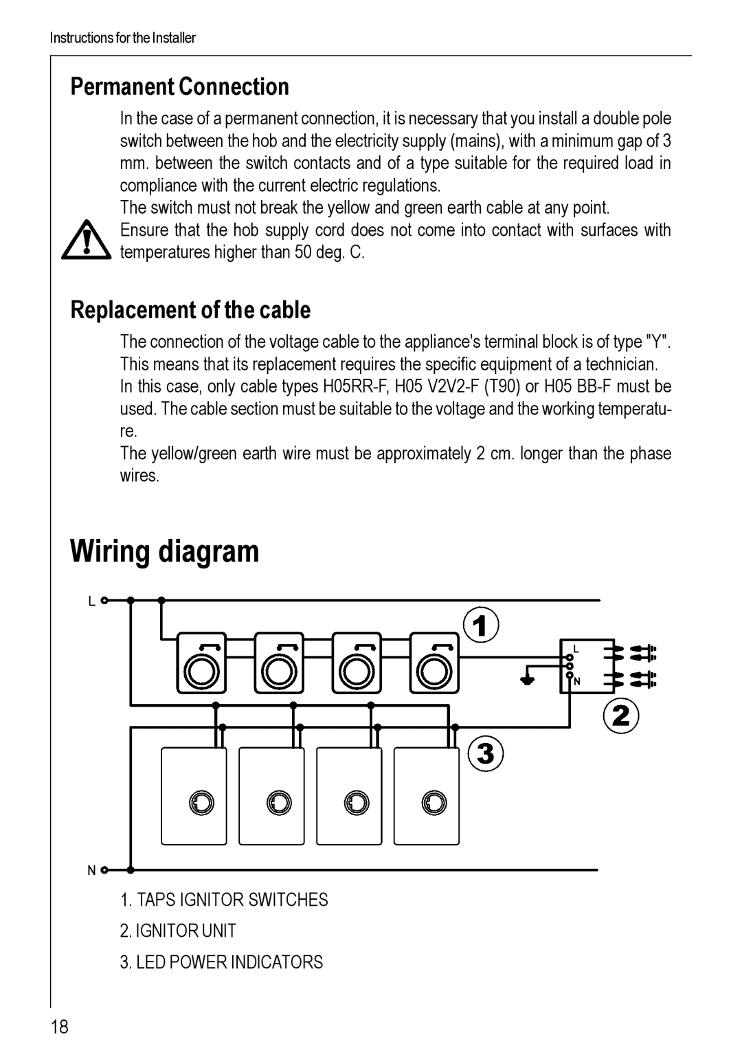 Electrolux 69802 G manual Wiring diagram, Permanent Connection, Replacement of the cable 