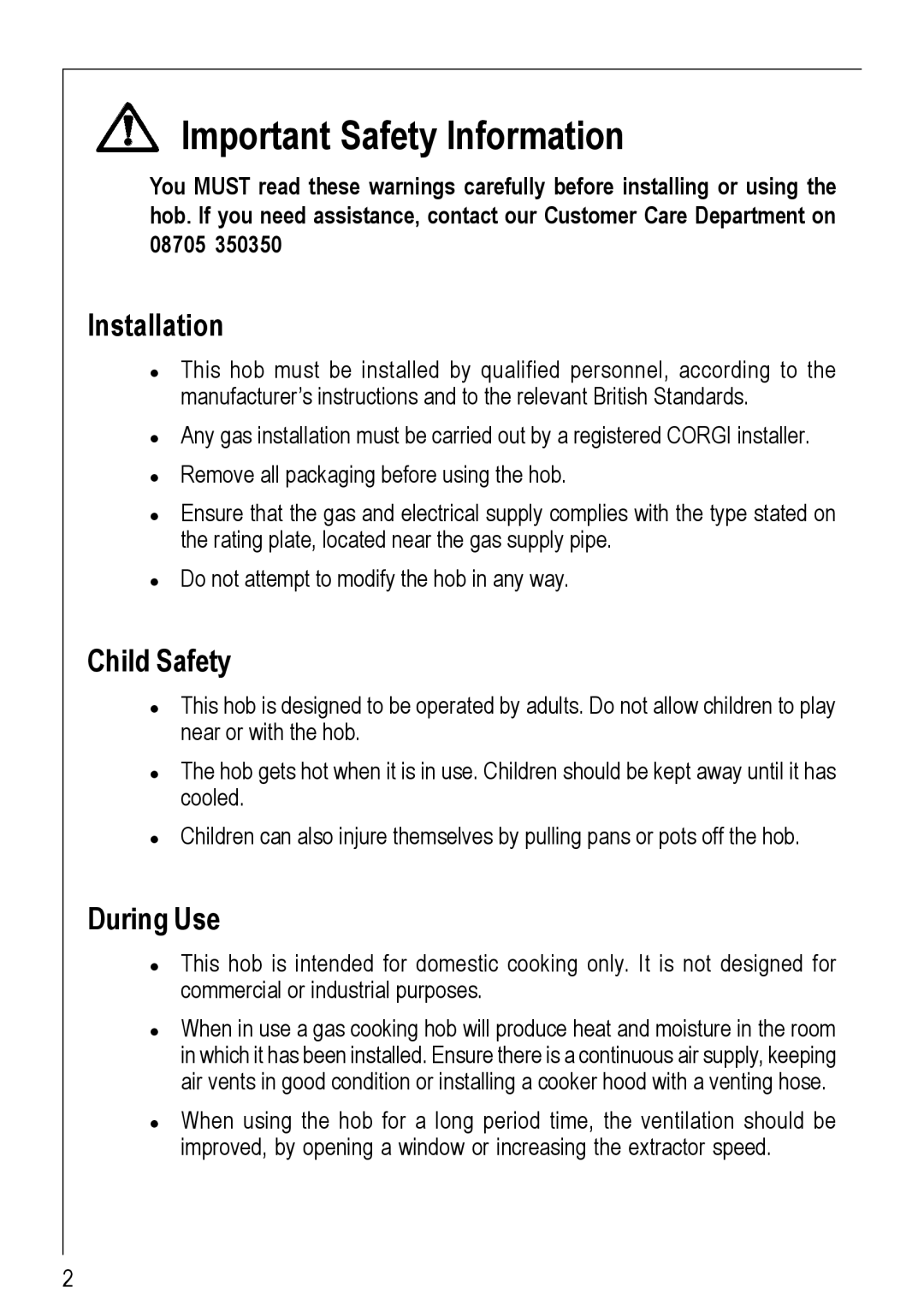 Electrolux 69802 G manual Important Safety Information, Installation, Child Safety, During Use 