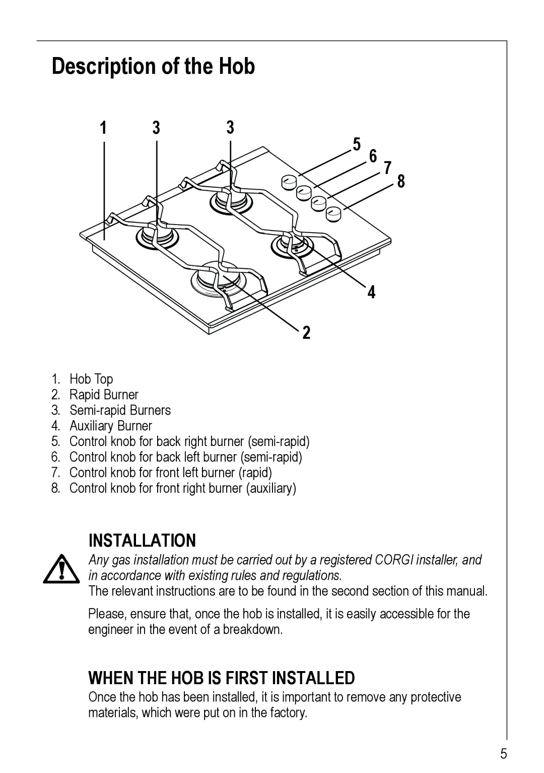 Electrolux 69802 G manual Description of the Hob, Installation 