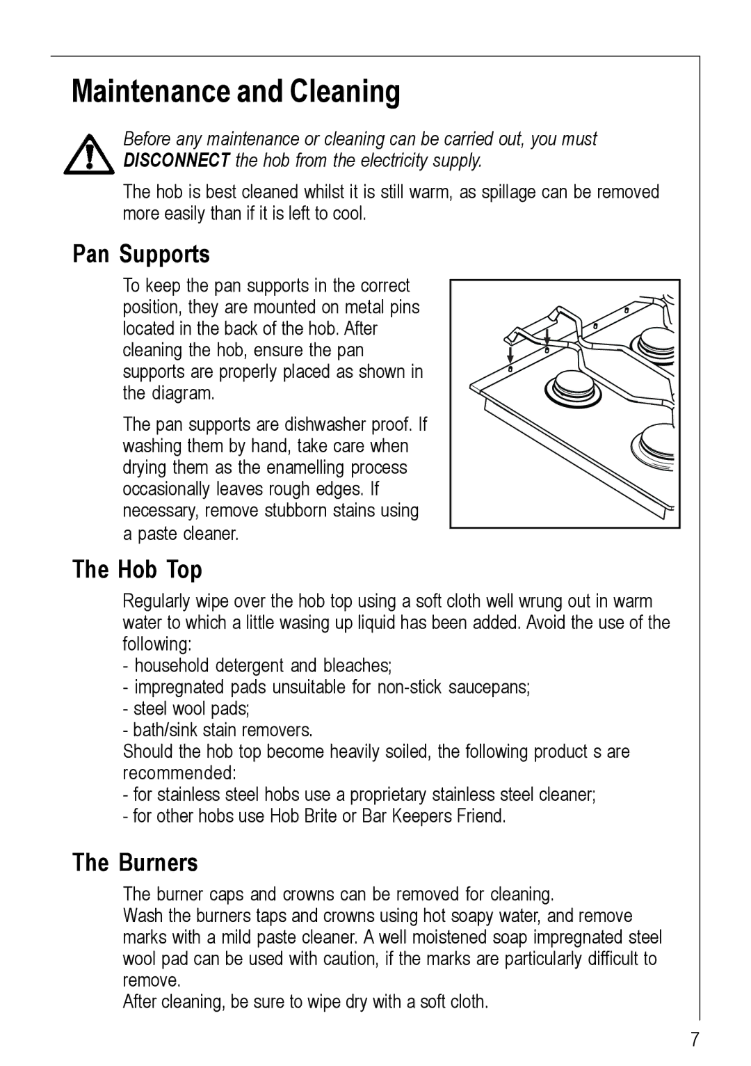 Electrolux 69802 G manual Maintenance and Cleaning, Pan Supports, Hob Top, Burners 