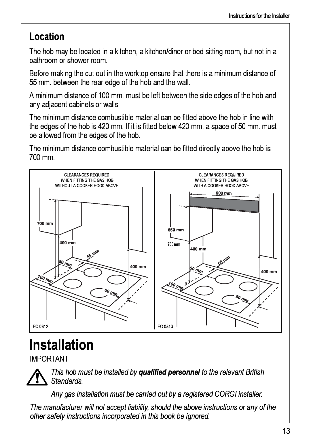 Electrolux 69802 G manual Installation, Location 