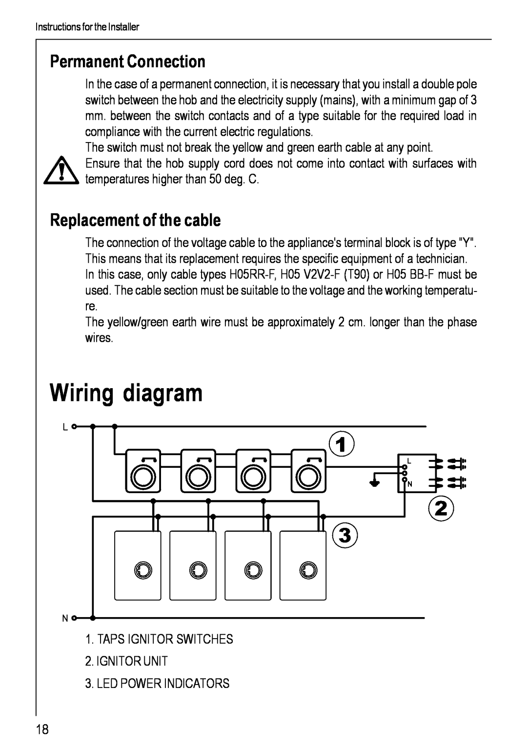 Electrolux 69802 G manual Wiring diagram, Permanent Connection, Replacement of the cable 