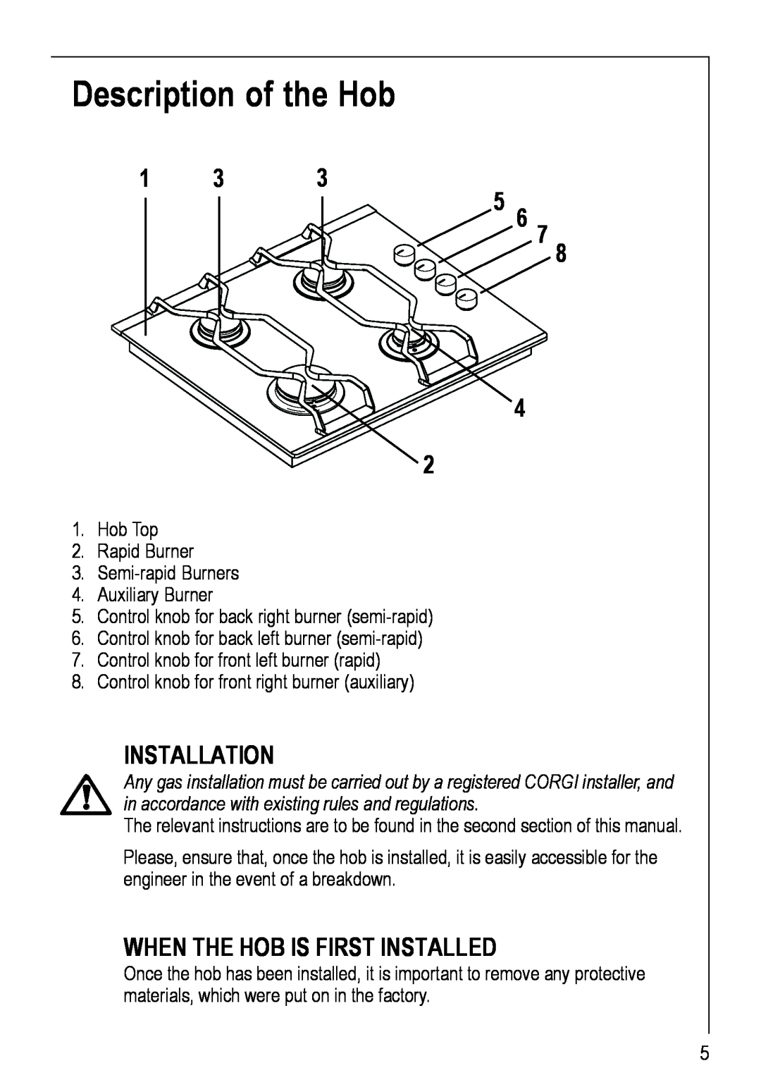 Electrolux 69802 G manual Description of the Hob, 5 6, Installation, When The Hob Is First Installed 