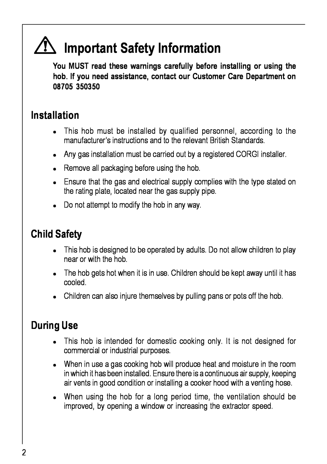 Electrolux 69802 G manual Important Safety Information, Installation, Child Safety, During Use 
