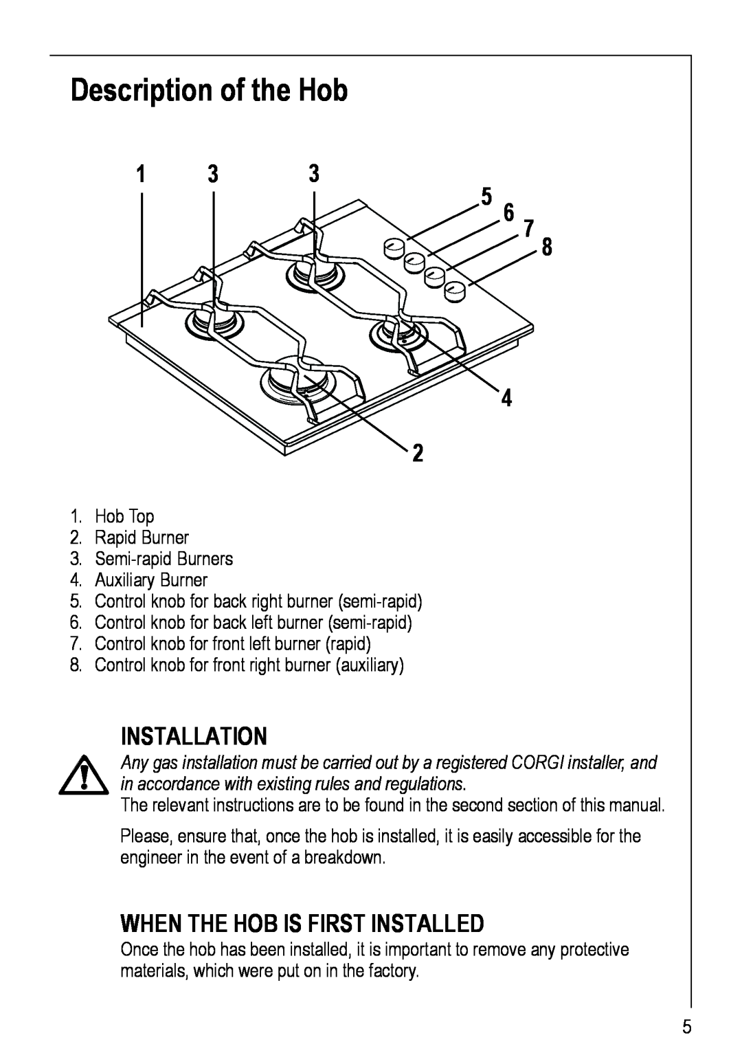 Electrolux 69802 G manual Description of the Hob, 5 6, Installation, When The Hob Is First Installed 