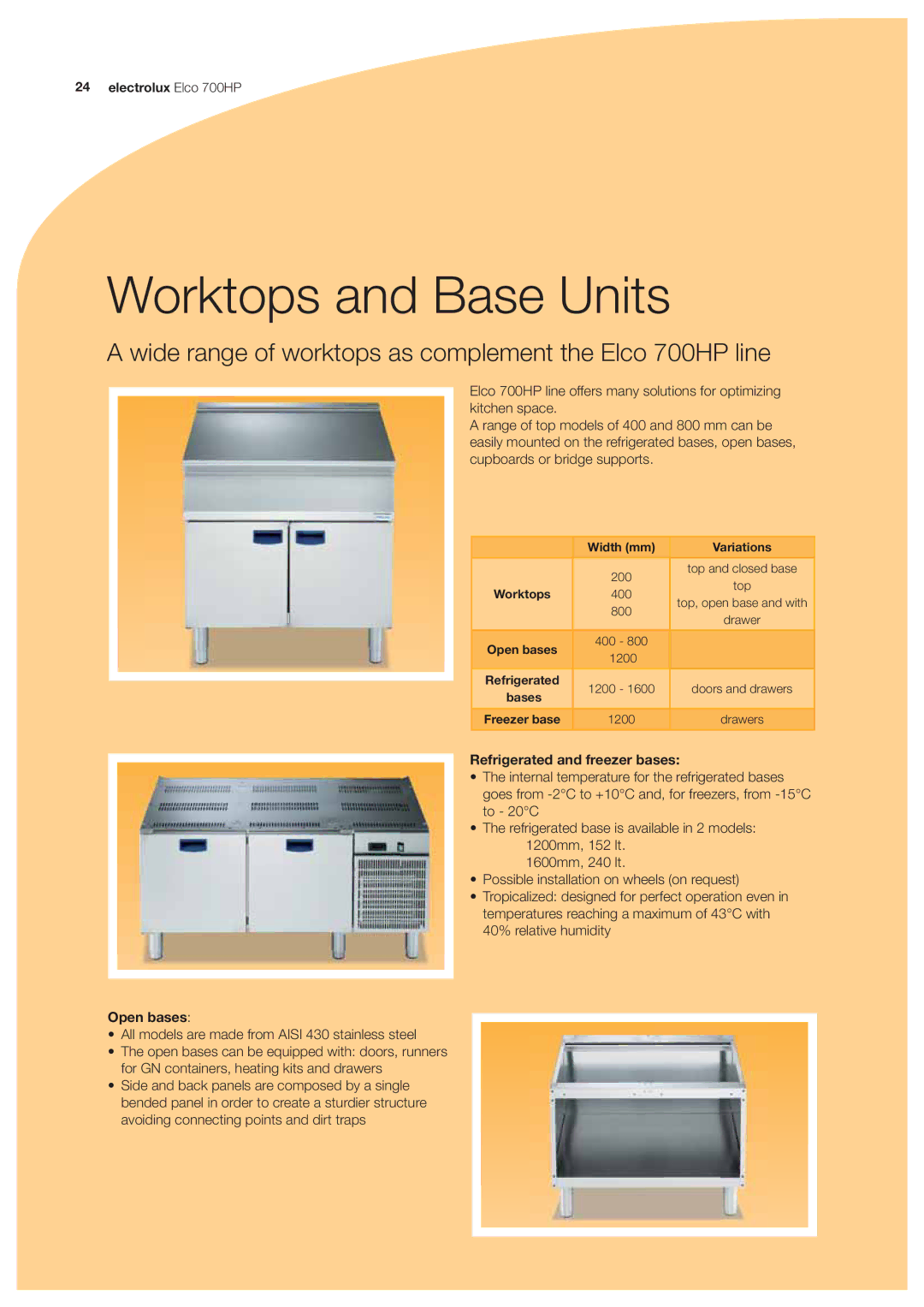 Electrolux 700HP manual Worktops and Base Units, Refrigerated and freezer bases, Open bases 