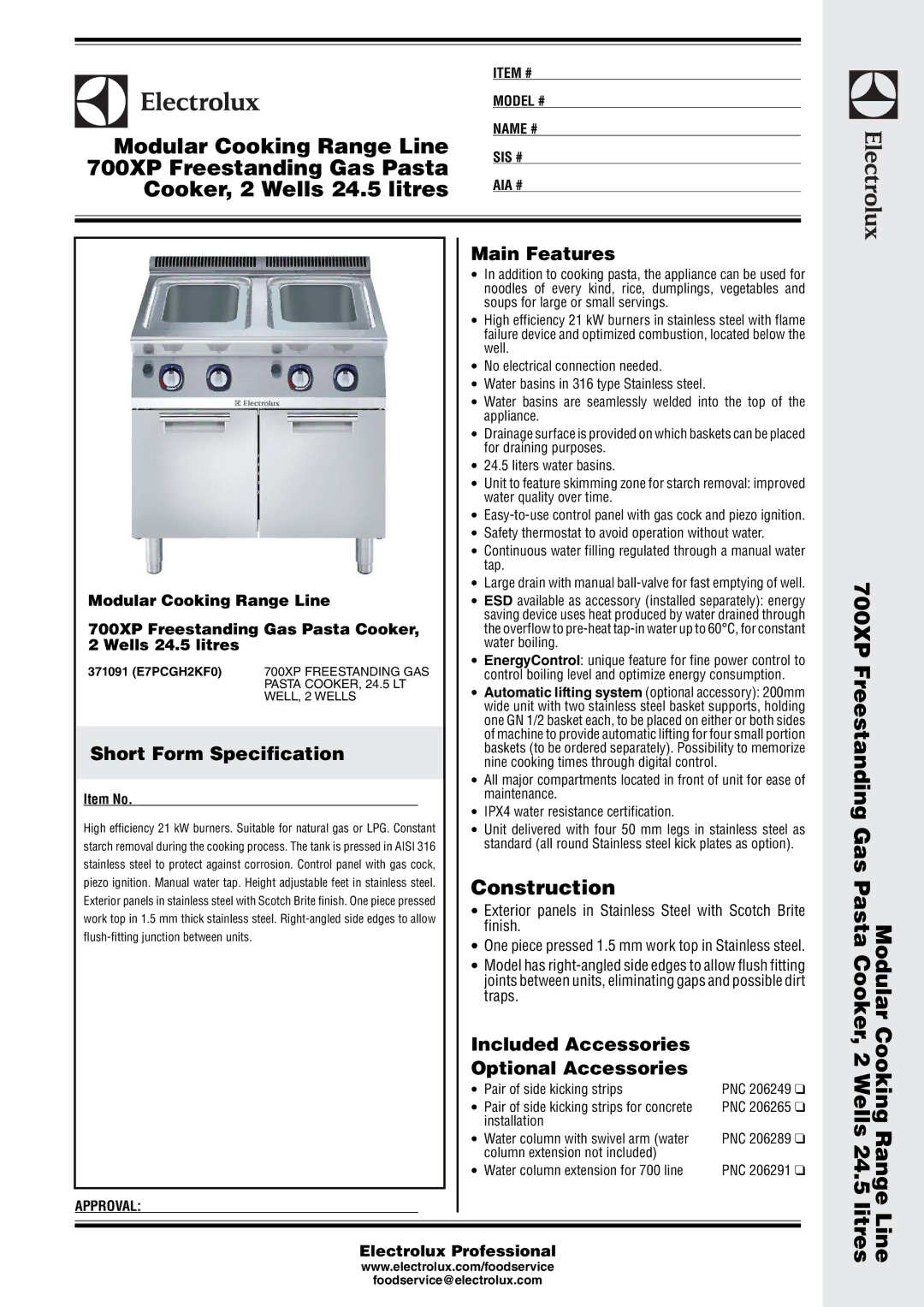 Electrolux 700XP manual Main Features, Short Form Specification, Included Accessories Optional Accessories 