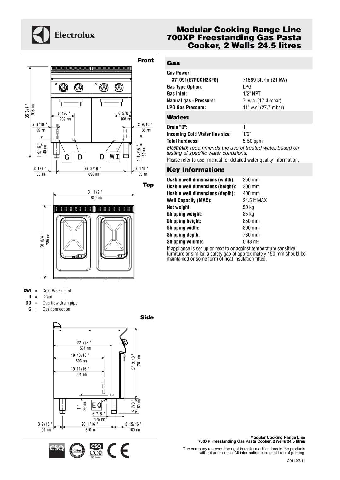 Electrolux 700XP manual Gas, Water, Key Information 