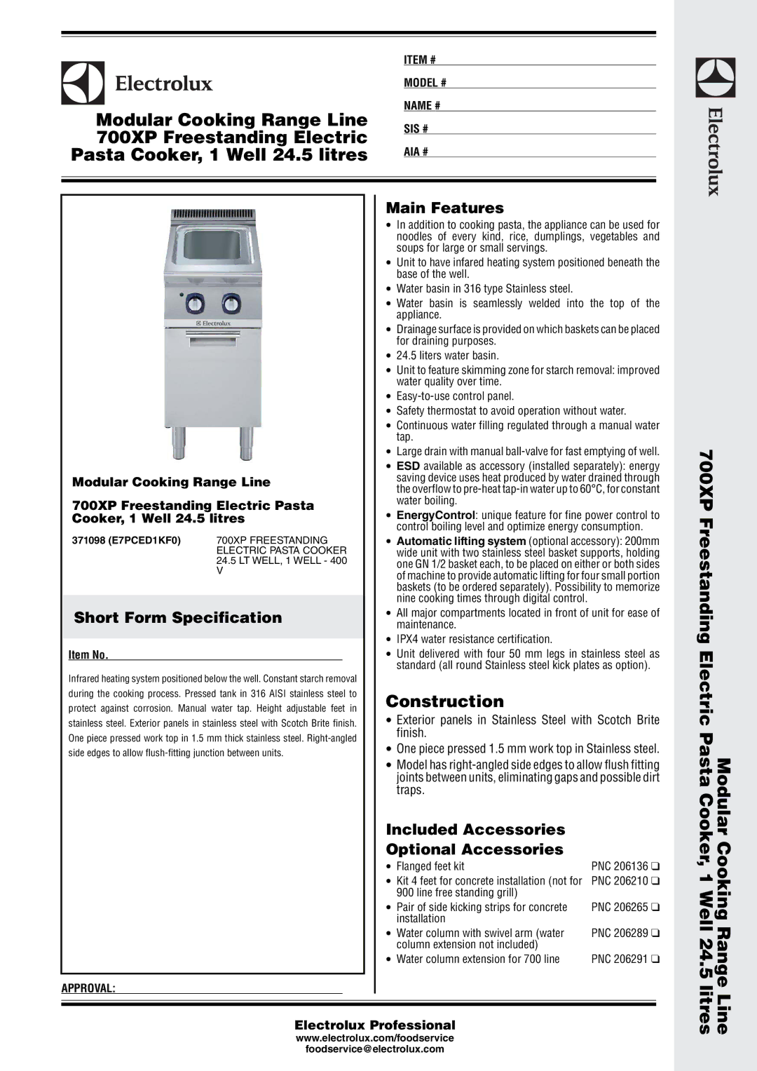 Electrolux 700XP manual Main Features, Short Form Specification, Included Accessories Optional Accessories 