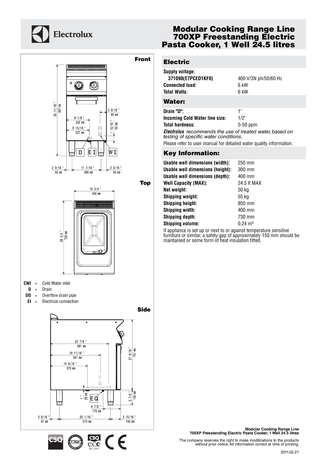 Electrolux 700XP manual Electric, Water, Key Information 