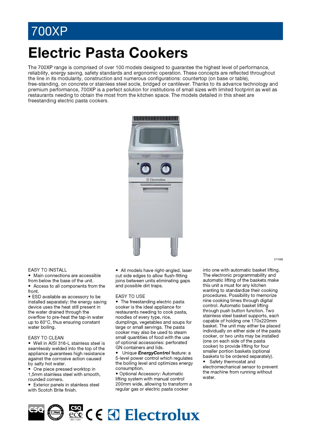 Electrolux 700XP manual Electric Pasta Cookers 