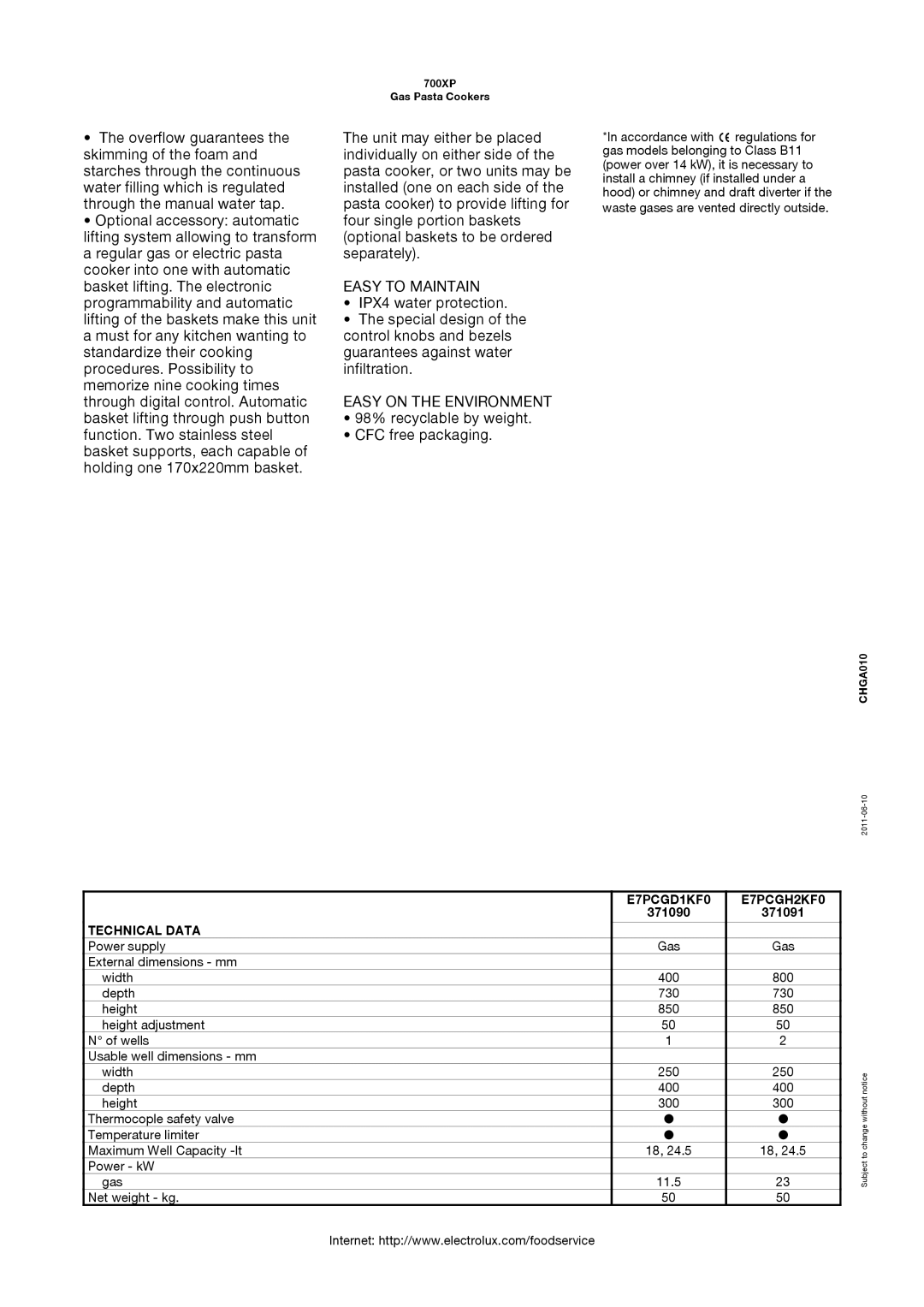 Electrolux 700XP manual Easy to Maintain, Easy on the Environment, E7PCGD1KF0 E7PCGH2KF0, Technical Data 