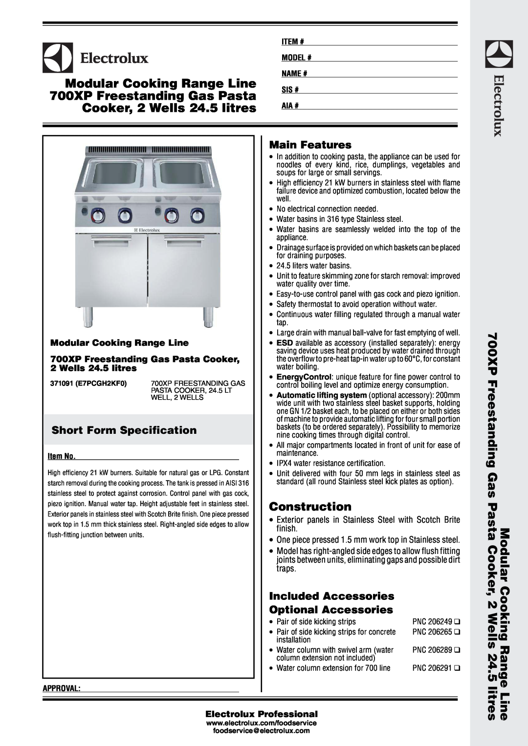 Electrolux manual Modular Cooking Range Line, 700XP Freestanding Gas Pasta Cooker, Wells 24.5 litres, Construction 
