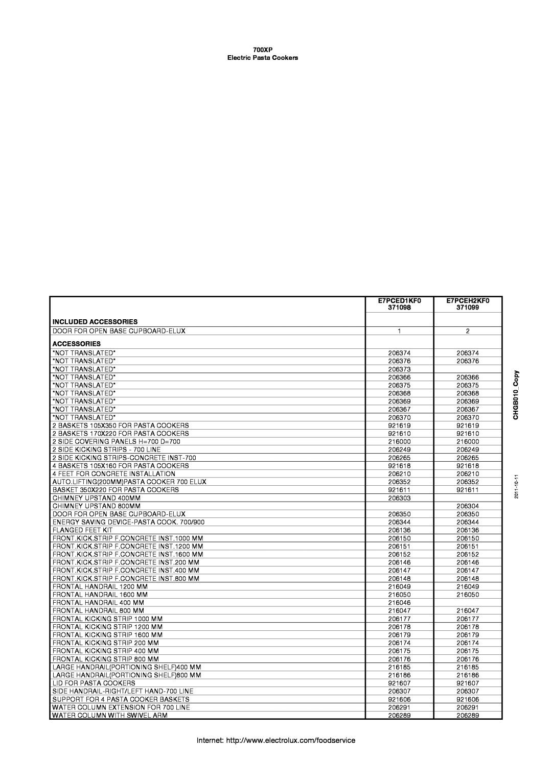 Electrolux 700XP manual E7PCED1KF0, E7PCEH2KF0, Included Accessories, CHGB010 