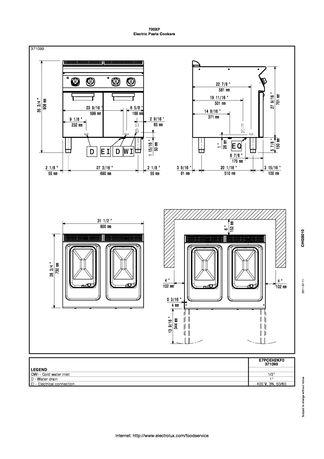Electrolux manual 371099, 700XP Electric Pasta Cookers, CHGB010, E7PCEH2KF0, 2011-07-11, Subject to change without 