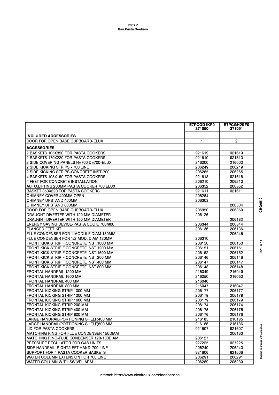 Electrolux 700XP manual E7PCGD1KF0, E7PCGH2KF0, 371090, 371091, Included Accessories 