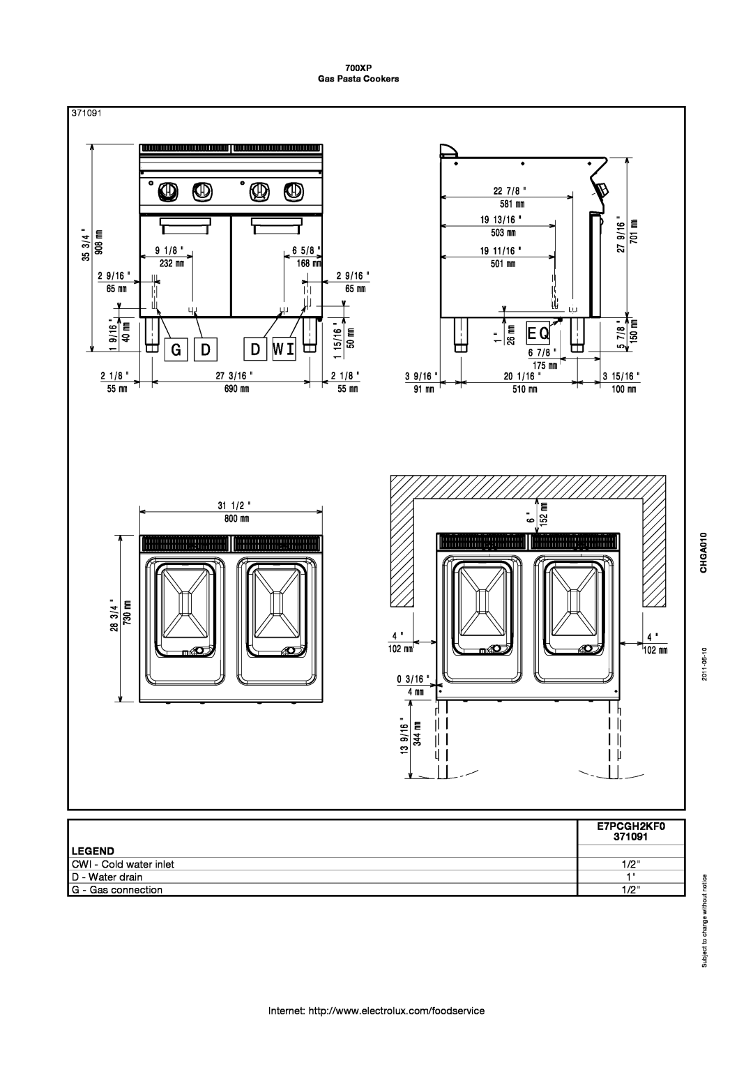 Electrolux manual E7PCGH2KF0, 371091, 700XP Gas Pasta Cookers, CHGA010, 2011-06-10, Subject to change without 