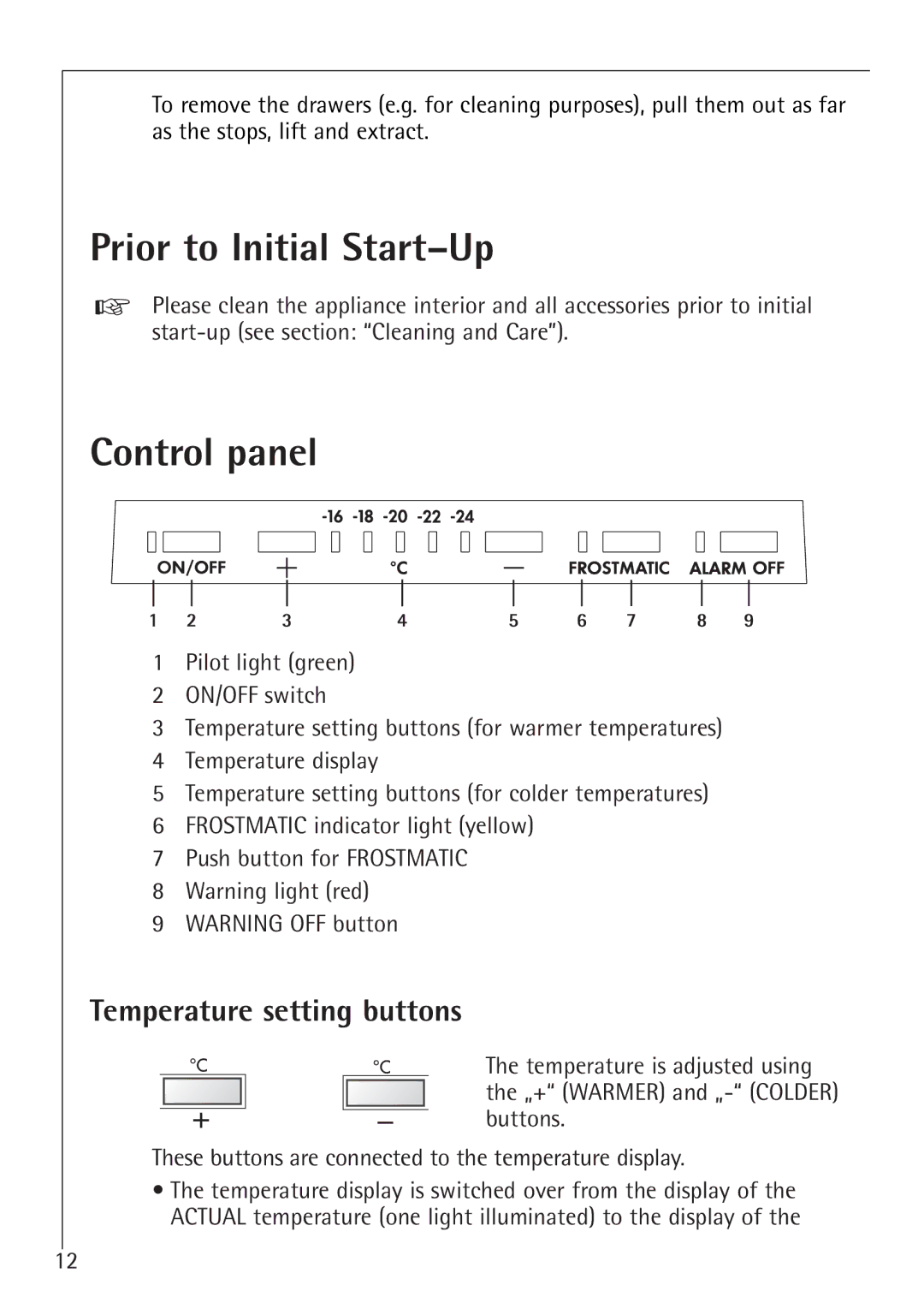 Electrolux 70128 GS manual Prior to Initial Start-Up, Control panel, Temperature setting buttons 