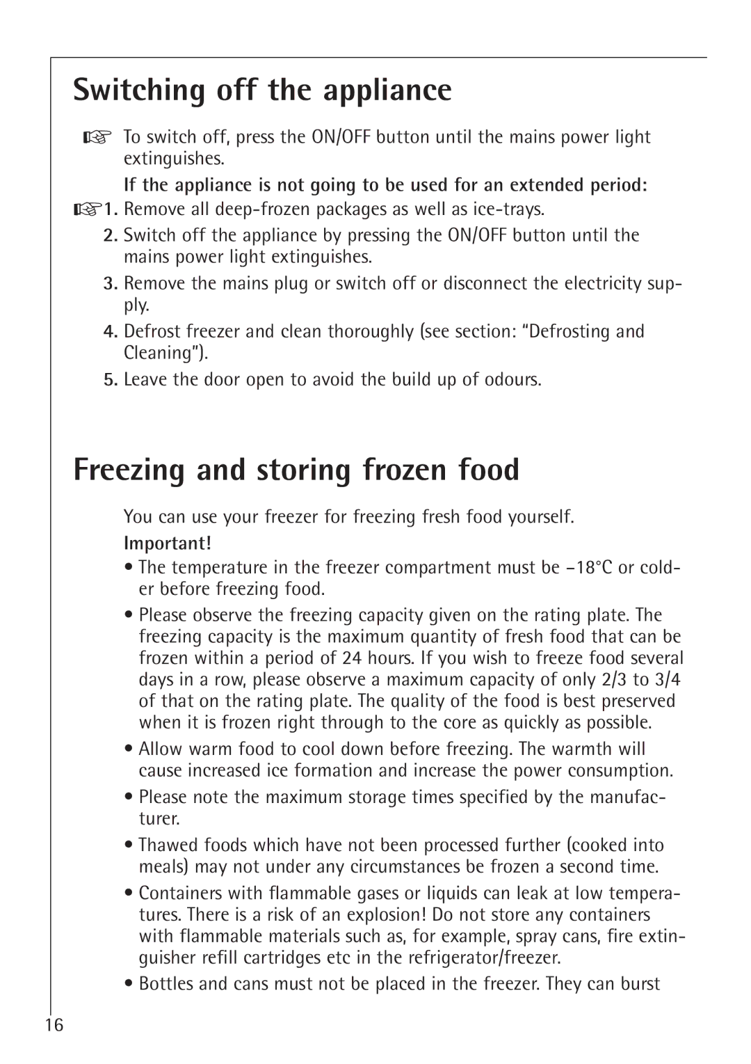 Electrolux 70128 GS manual Switching off the appliance, Freezing and storing frozen food 