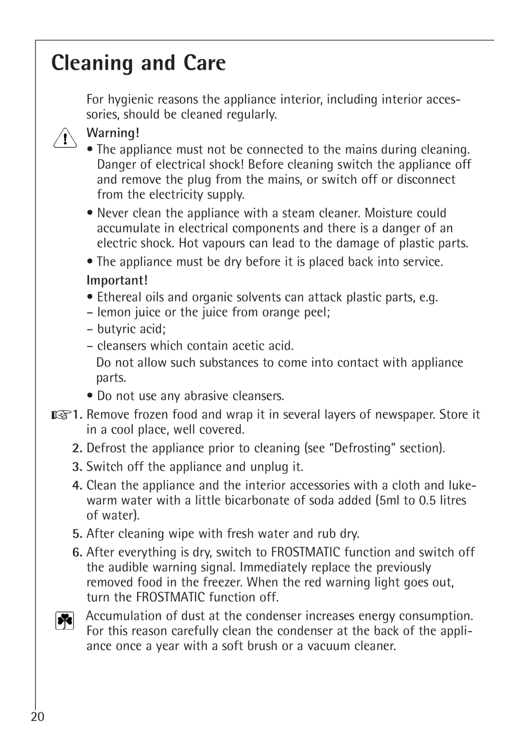 Electrolux 70128 GS manual Cleaning and Care 