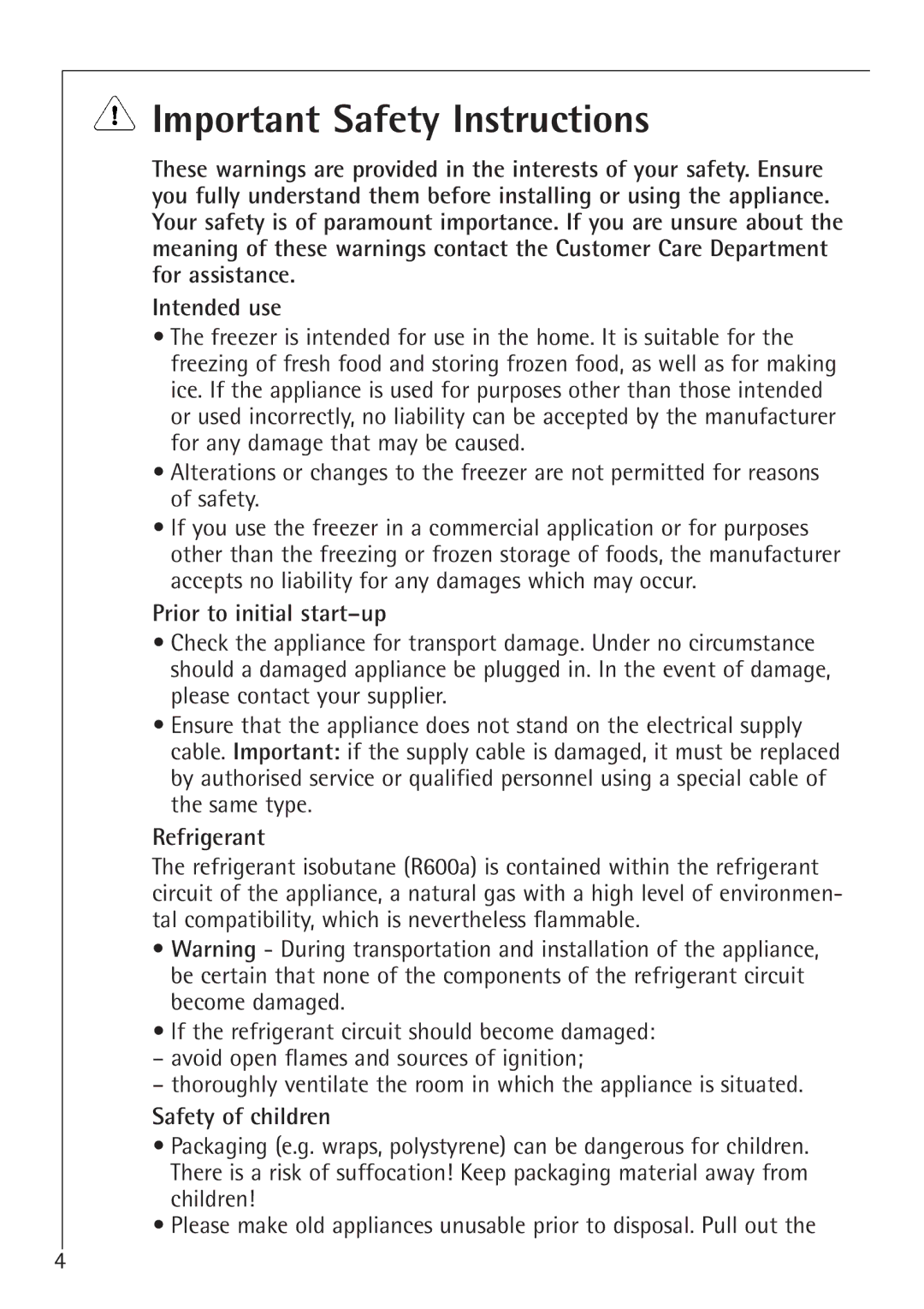 Electrolux 70128 GS manual Important Safety Instructions, Prior to initial start-up, Refrigerant, Safety of children 