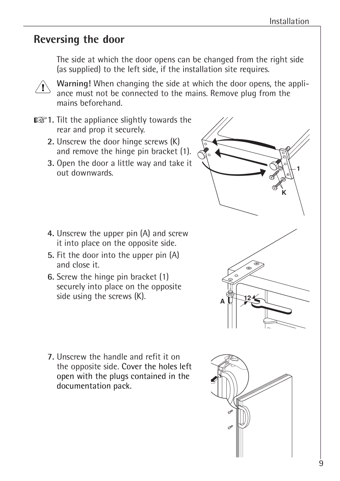 Electrolux 70128 GS manual Reversing the door, Out downwards 