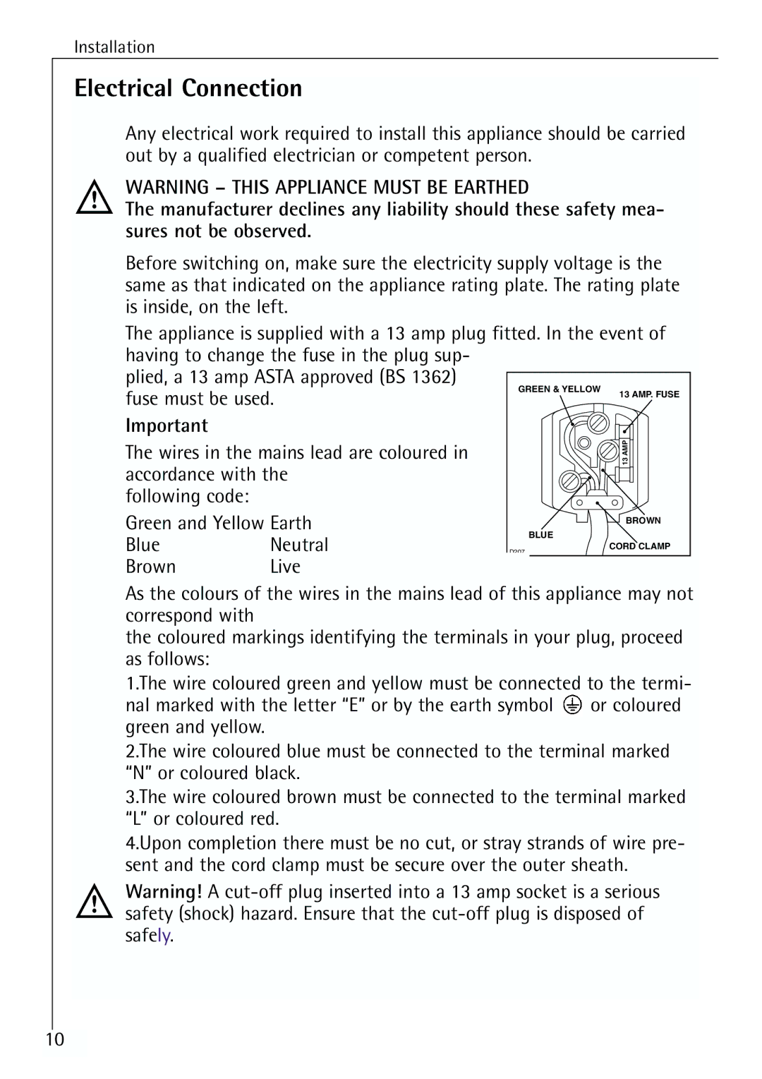 Electrolux 70170 TK, 70168 TK manual Electrical Connection 