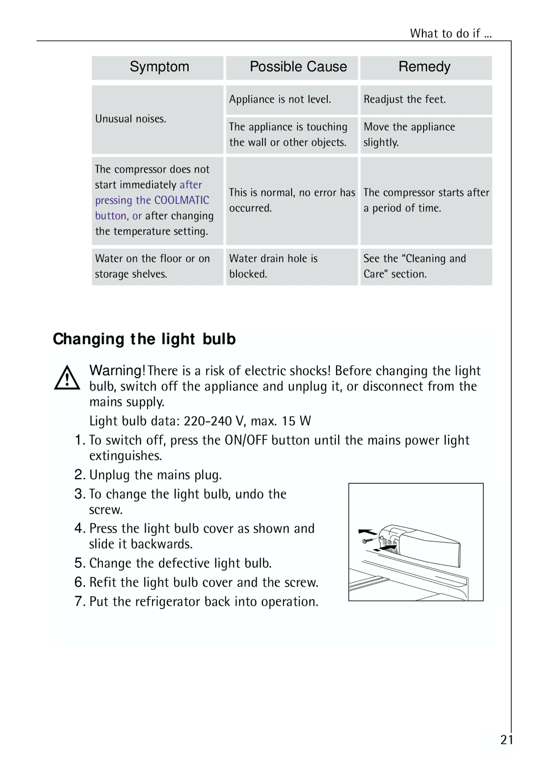 Electrolux 70168 TK, 70170 TK manual Changing the light bulb 