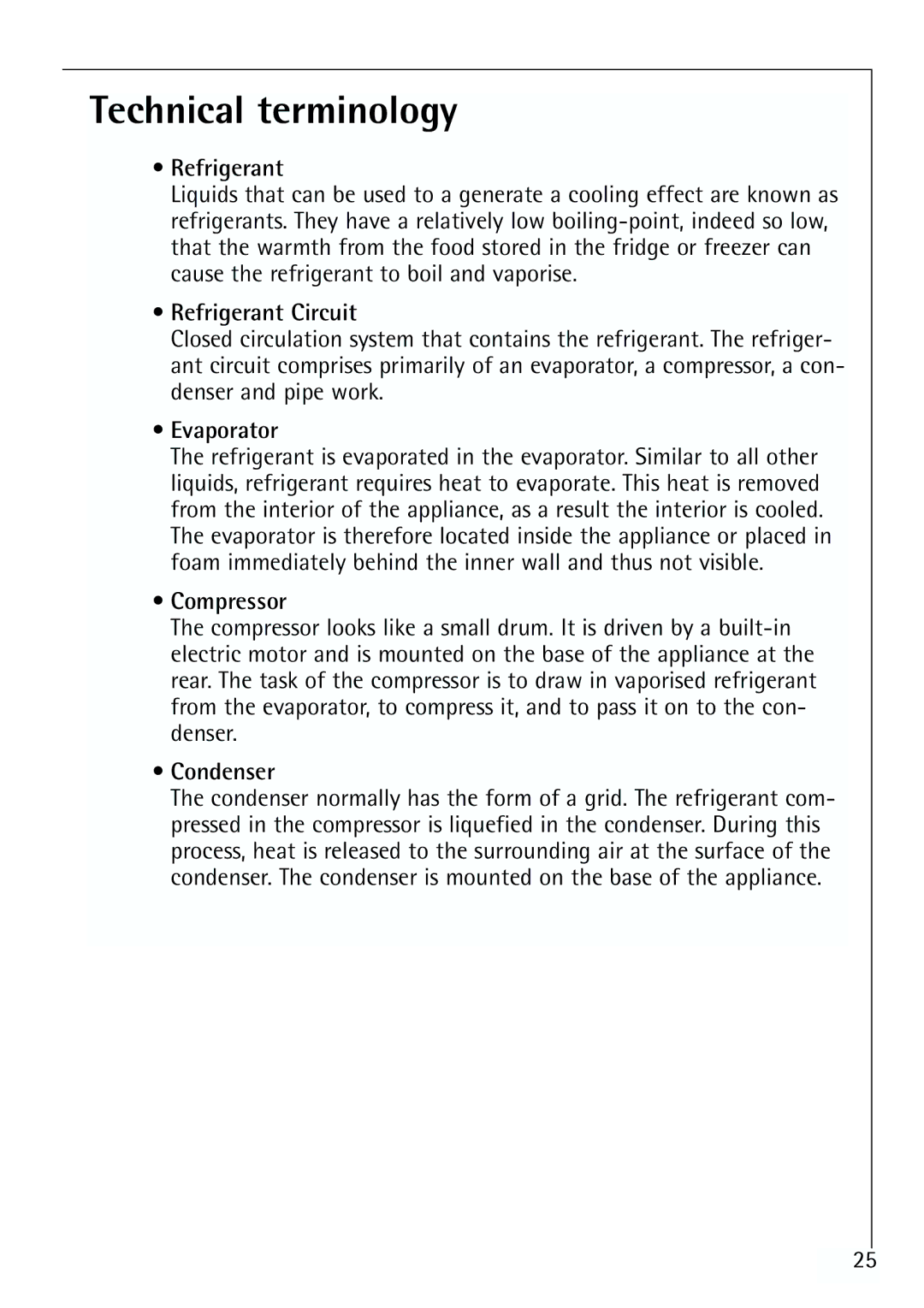 Electrolux 70168 TK, 70170 TK manual Technical terminology, Refrigerant Circuit, Evaporator, Compressor, Condenser 