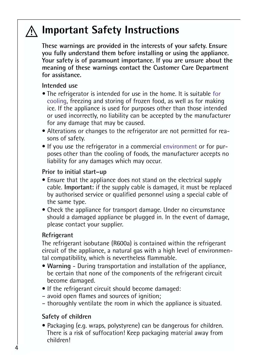 Electrolux 70170 TK, 70168 TK Important Safety Instructions, Prior to initial start-up, Refrigerant, Safety of children 