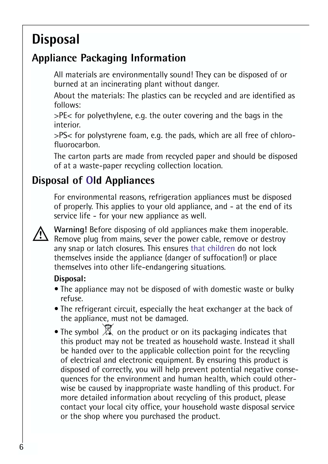 Electrolux 70170 TK, 70168 TK manual Appliance Packaging Information, Disposal of Old Appliances 