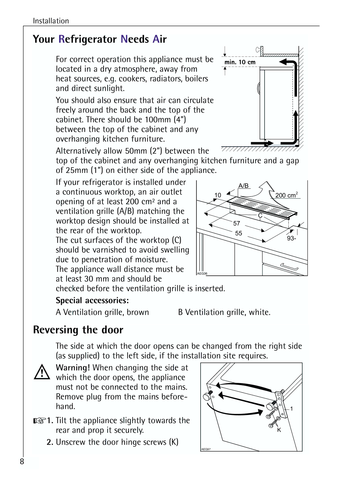 Electrolux 70170 TK, 70168 TK manual Your Refrigerator Needs Air, Reversing the door, Special accessories 